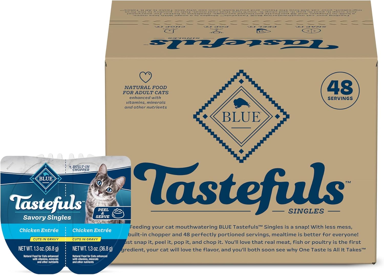 Blue Buffalo Tastefuls Savory Singles Adult Cuts in Gravy Wet Cat Food, Chicken Entrée, Perfectly Portioned Cups in (24) 2.6-oz Twin-Pack Trays