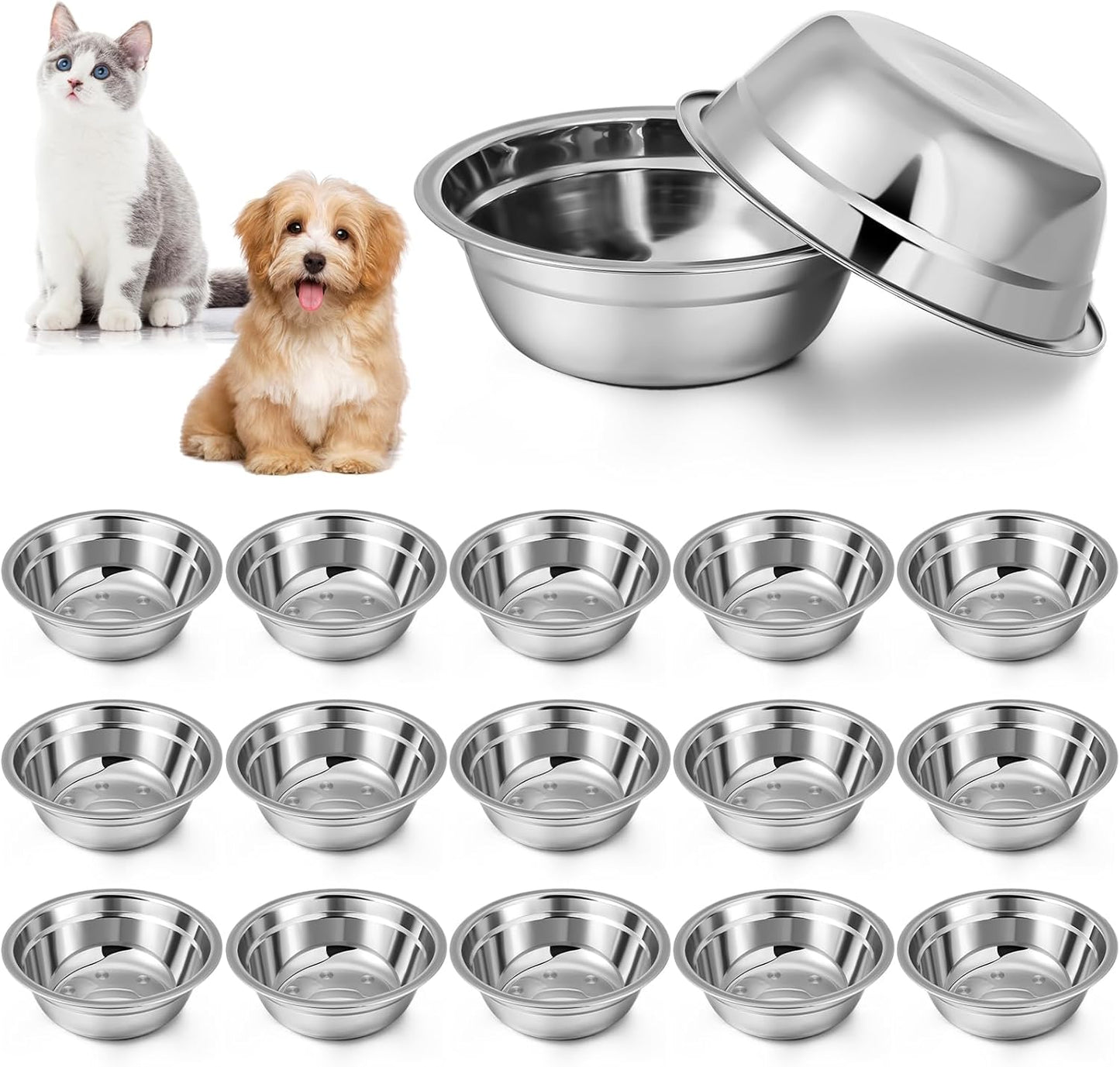 Nuanchu 15 Pcs Pets Bowl Bulk Stainless Steel Dog and Cat Bowls Metal Small Puppy Raised Food and Water Dish for Cage (33.8 oz)