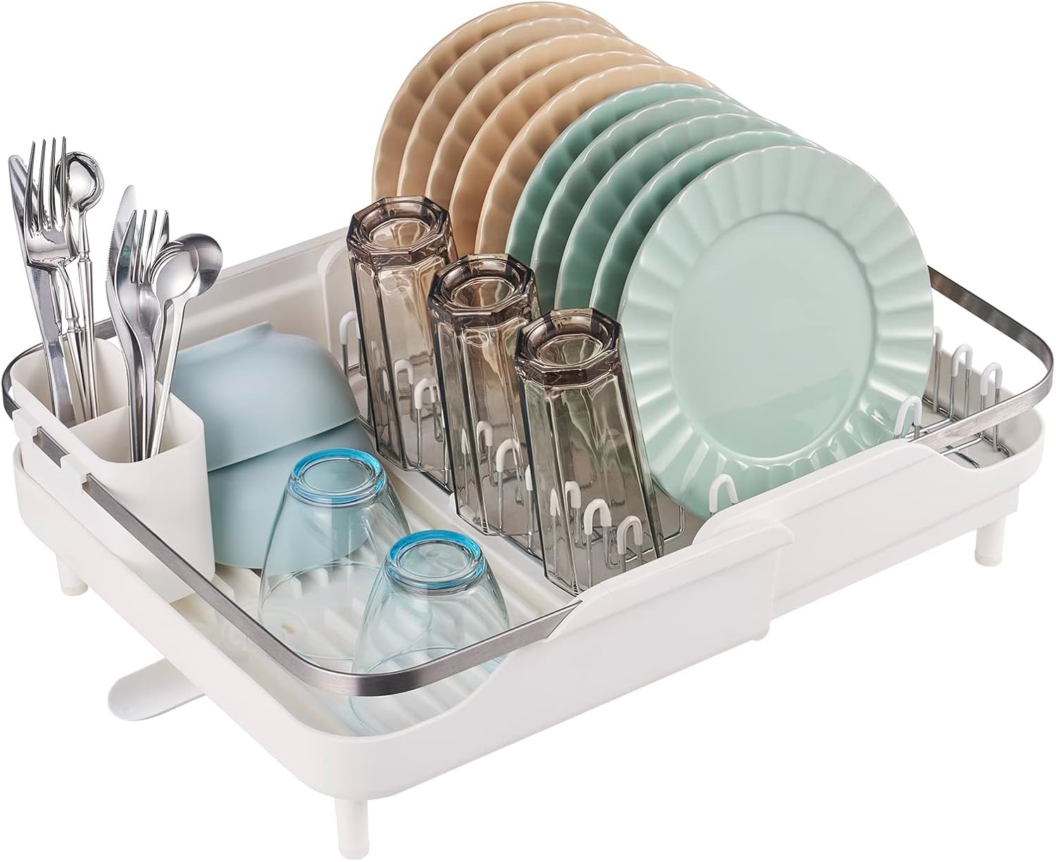 VEVOR Dish Drying Rack, Expandable (11.6"-18.5") Stainless Steel Dish Drainer with Drainboard, Large Capacity Storage Space Saver, Single Tier Cup and Utensil Holder for Kitchen Counter Over The Sink