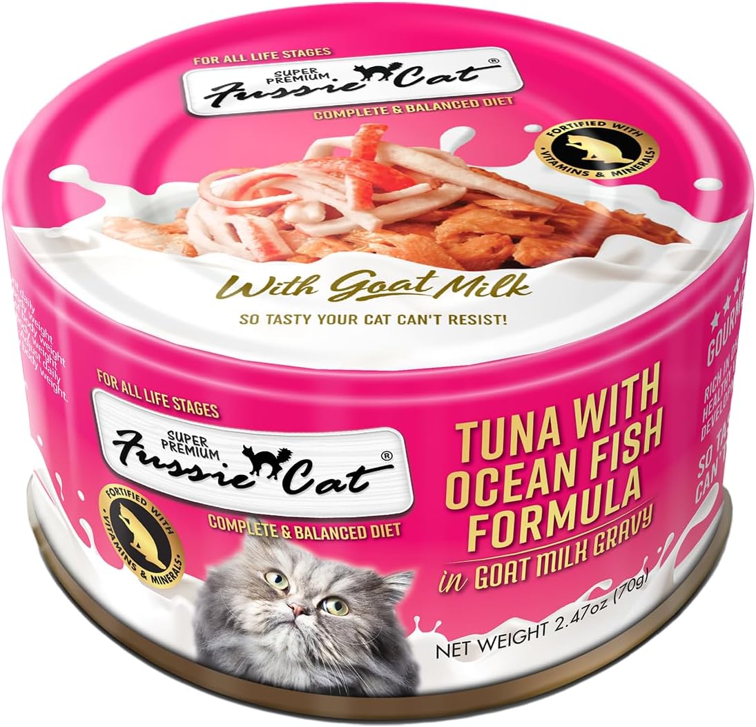 Fussie Cat Super Premium Canned Wet Cat Food in Goat Milk Gravy -2.47 oz Cans - Case of 24 Pack (Tuna & Oceanfish), Lid