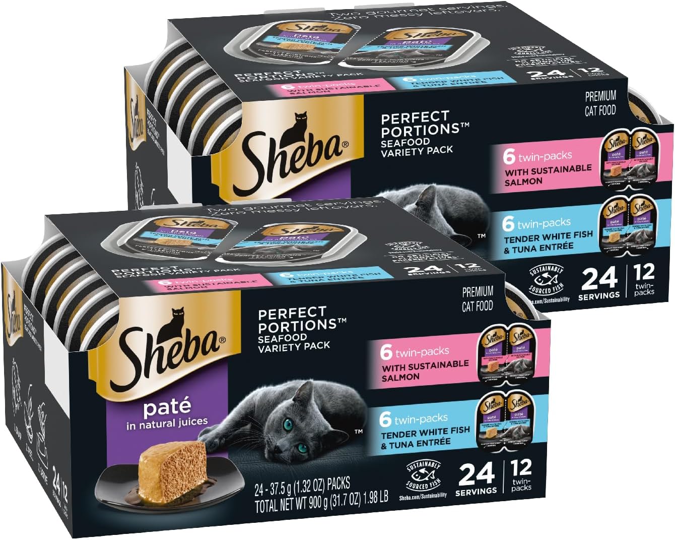 Sheba Perfect Portions Wet Cat Food Pate With Sustainable Salmon and Tender Whitefish & Tuna Entree Variety Pack, 2.6 oz., Twin-Pack Trays (12 Count, 24 Servings) (Pack of 2)