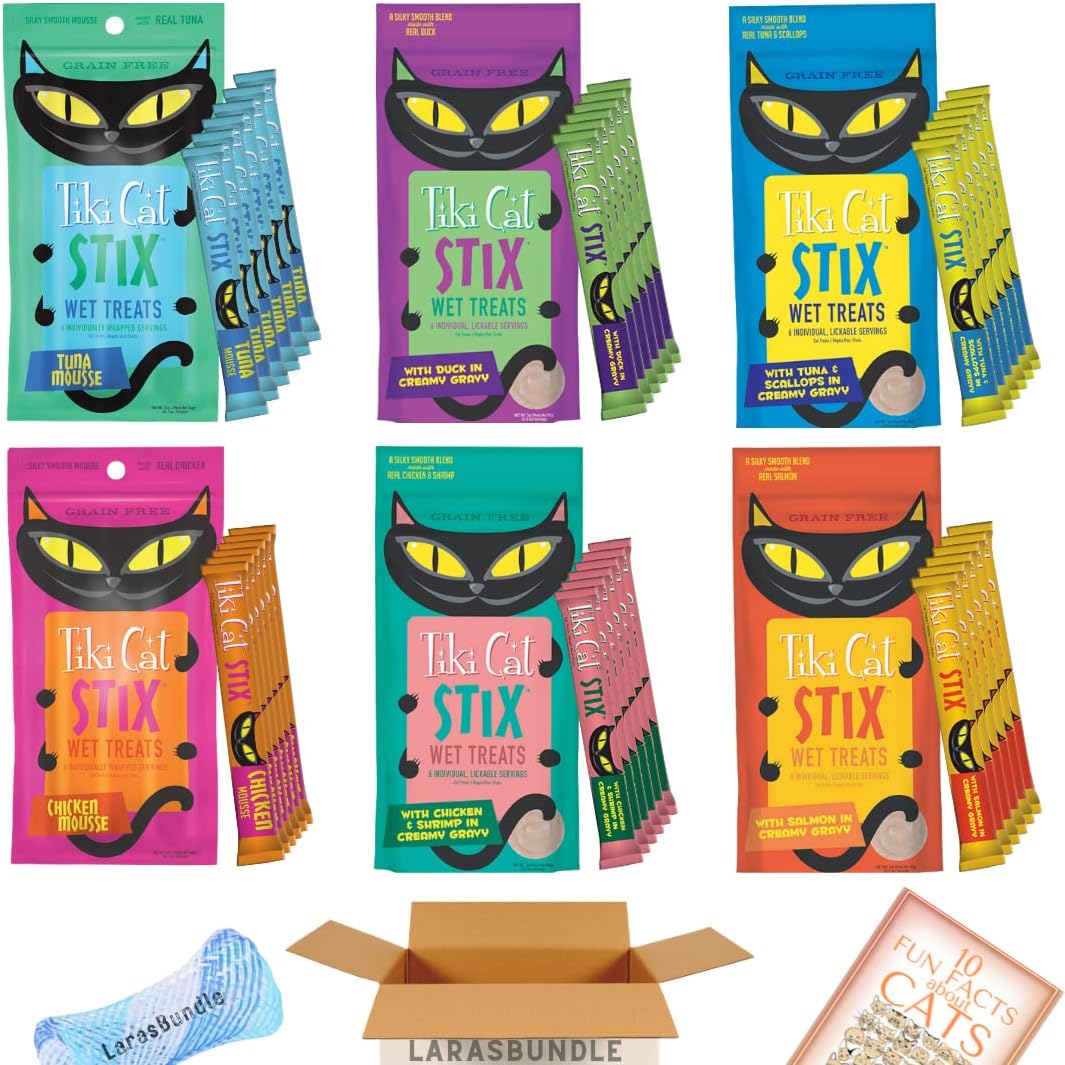 Tiki Cat Stix Wet Mousse Single Serve Lickable Treats | All 6 Flavors | 36 Stix in Total | Bundle with Toy and Booklet