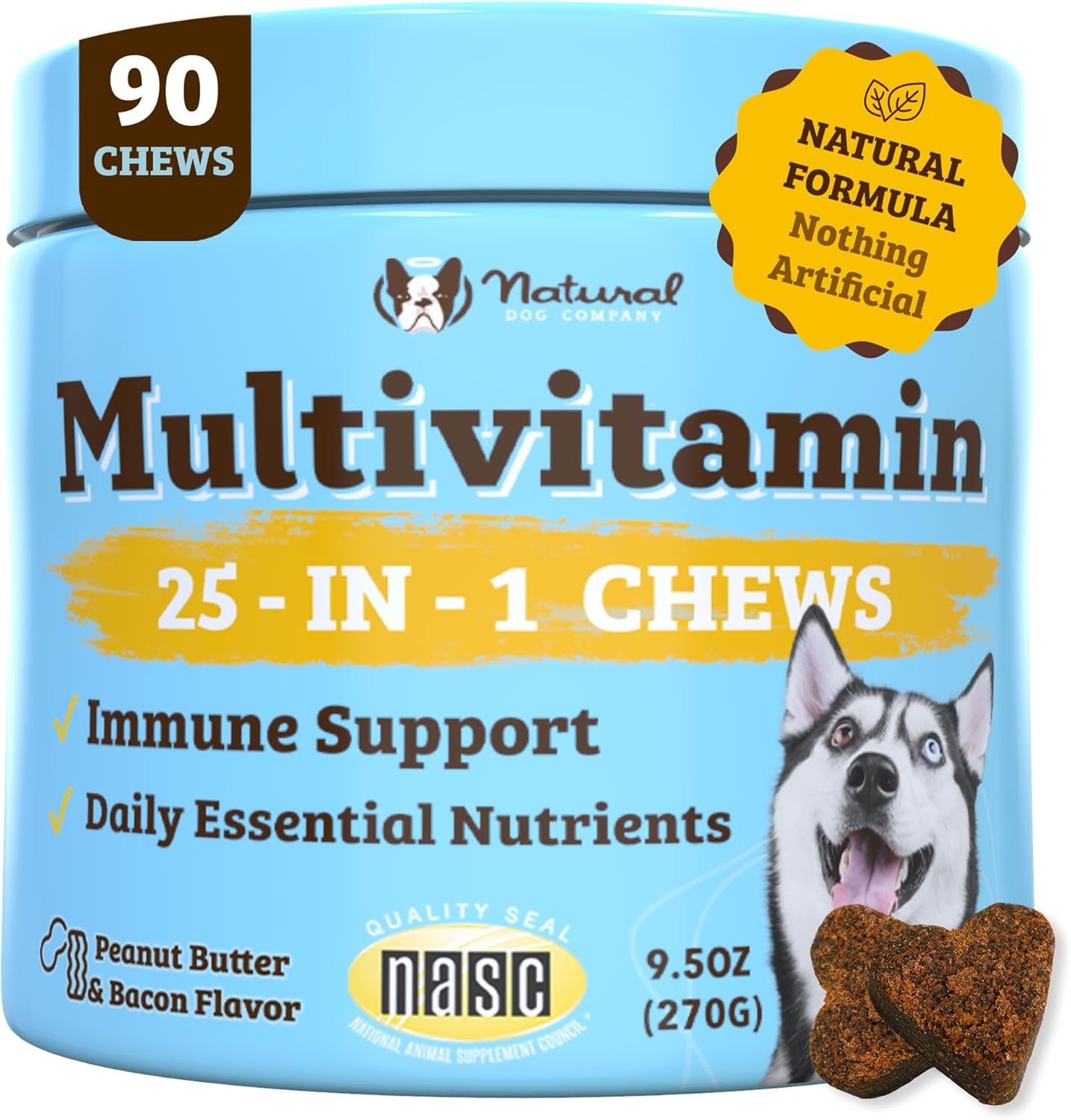 Natural Dog Company Multivitamin Chews (90 Pieces), Dog Vitamins and Supplements, Peanut Butter & Bacon Flavor, for Dogs of All Ages, Sizes, & Breeds, Supports Immune System, Antioxidant