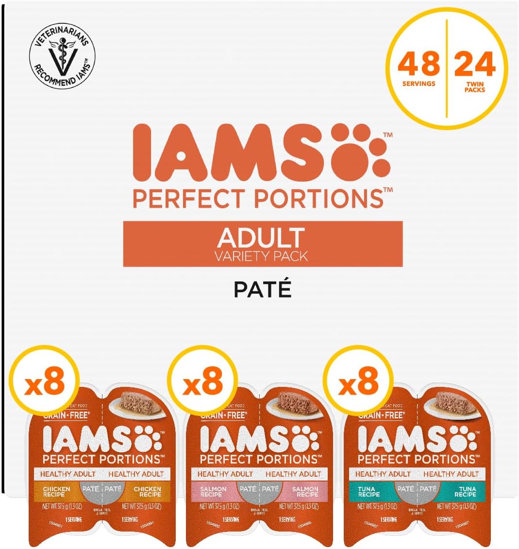 IAMS Perfect Portions Adult Wet Cat Food Paté Variety Pack, Chicken, Salmon, and Tuna Recipes, 2.6 oz. Easy Peel Twin-Pack Trays (24 Count, 48 Servings)