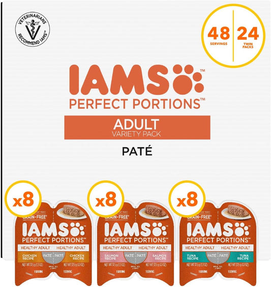 IAMS Perfect Portions Adult Wet Cat Food Paté Variety Pack, Chicken, Salmon, and Tuna Recipes, 2.6 oz. Easy Peel Twin-Pack Trays (24 Count, 48 Servings)