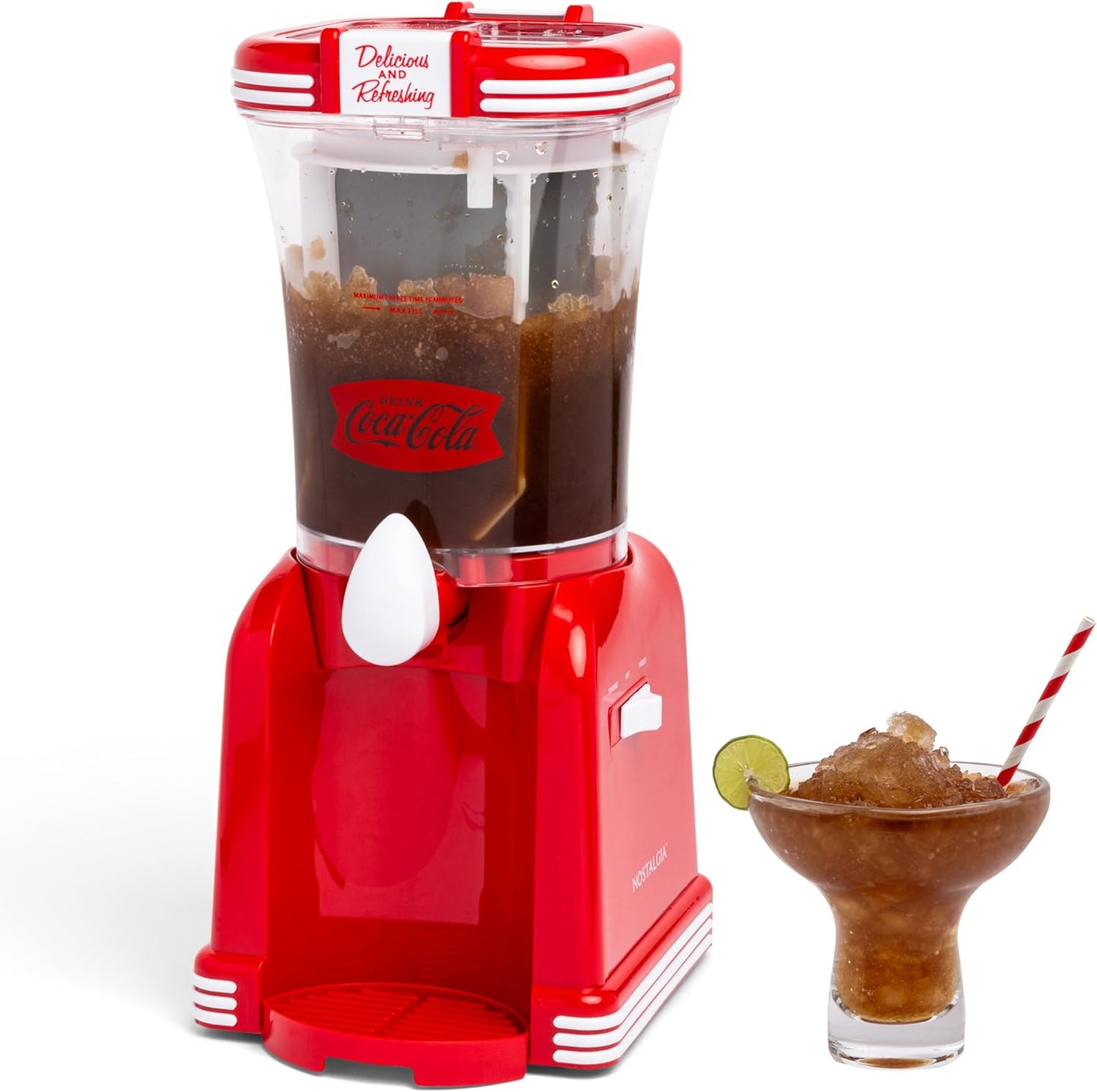 Nostalgia Coca-Cola Frozen Drink Maker and Margarita Machine for Home - 32-Ounce Slushy Maker with Stainless Steel Flow Spout - Easy to Clean and Double Insulated - Red