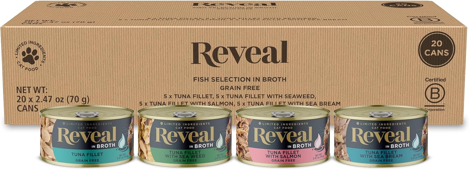 Reveal Natural Wet Cat Food, 20 Count, Grain Free, Limited Ingredient Canned Food for Cats, Fish Variety in Broth, 2.47 oz Cans