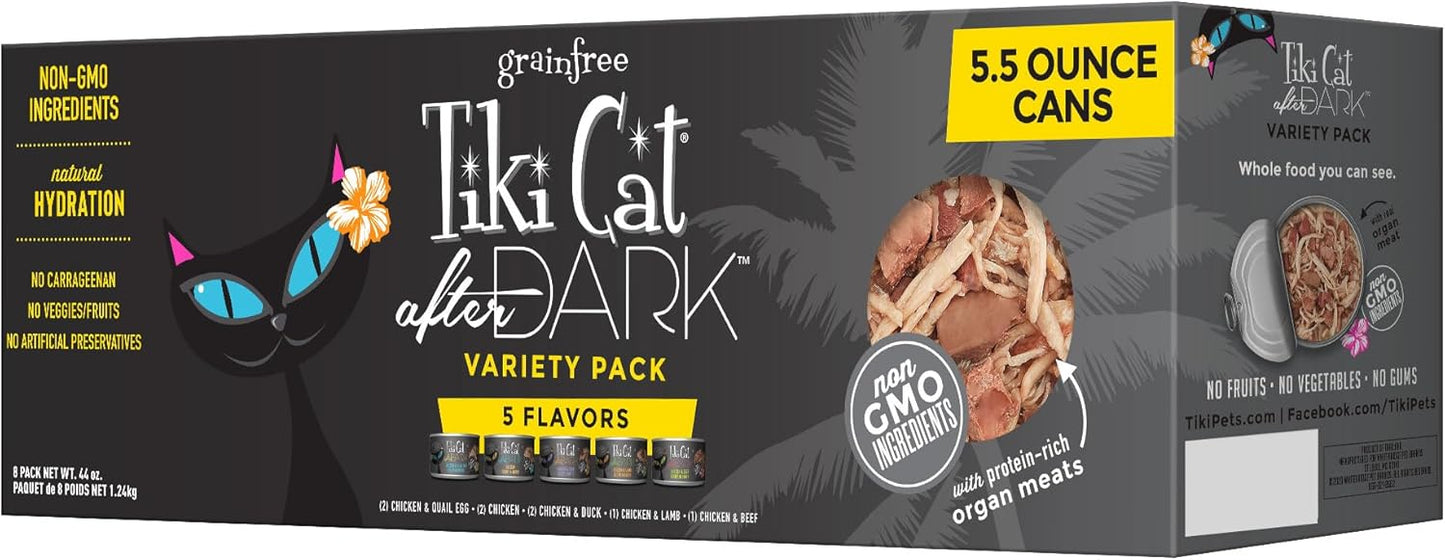 Tiki Cat After Dark, Variety Pack, High-Protein and 100% Non-GMO Ingredients, Wet Cat Food for Adult Cats, 5.5 oz. Cans (Pack of 8)