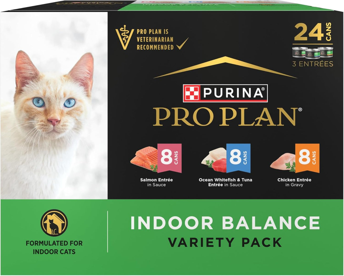 Purina Pro Plan Indoor Balance Chicken, Salmon, and Ocean Whitefish and Tuna Cat Food Wet Entrees Variety Pack - 24 ct. Can