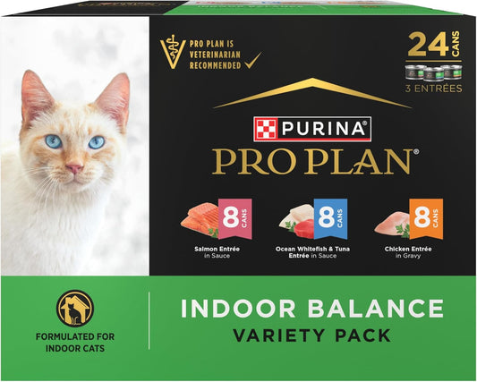 Purina Pro Plan Indoor Balance Chicken, Salmon, and Ocean Whitefish and Tuna Cat Food Wet Entrees Variety Pack - 24 ct. Can