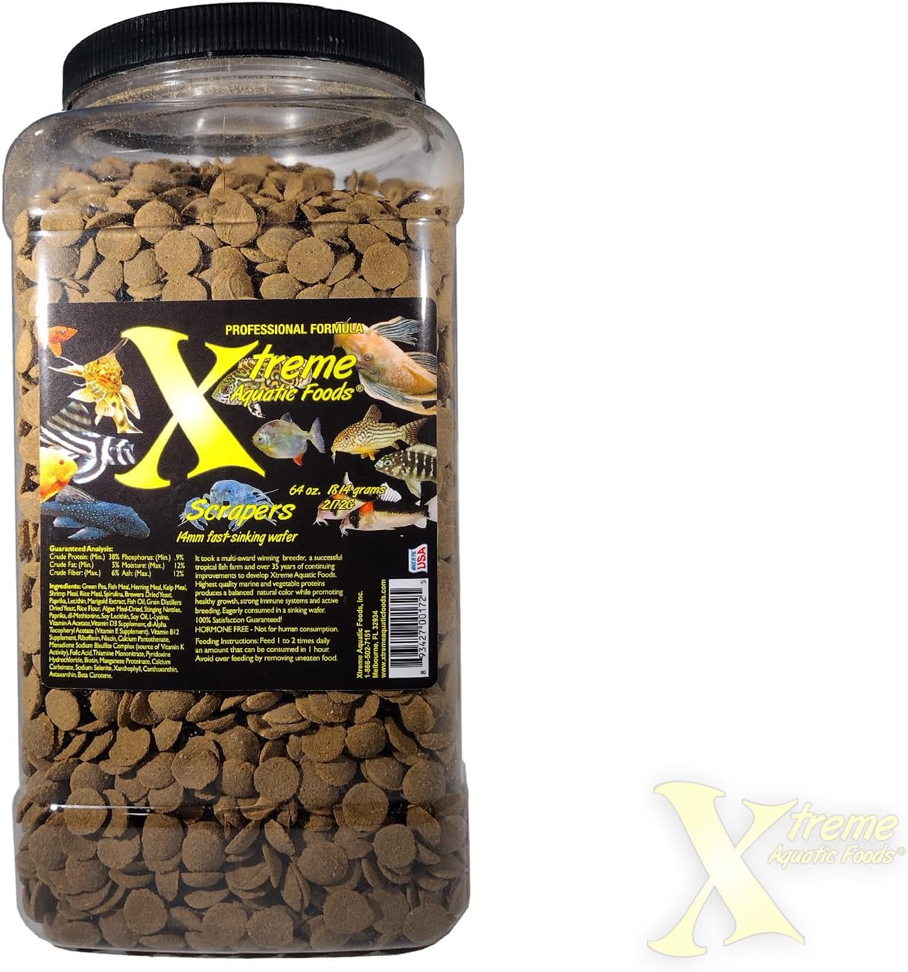 Xtreme Scrapers Wafers - Premium 14mm Fast-Sinking Fish Food \u2013 Nutrient & Cellulose Rich Ideal for Nocturnal Feeders, Catfish, Plecostomus Species, and Loaches \u2013 USA Farm Grown (64oz)