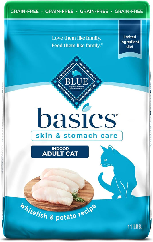 Blue Buffalo Basics Grain-Free Dry Cat Food, Skin & Stomach Care, Limited Ingredient Diet for Indoor Cats, Fish & Potato Recipe, 11-lb. Bag