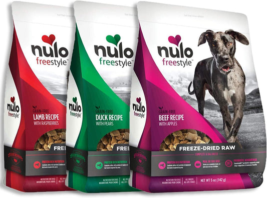 Nulo Freeze Dried Raw Dog Food Variety Pack: Natural Grain Free Formula with GanedenBC30 Probiotics for Digestive & Immune Health - All Ages & Breeds - 3 x 5oz Bags (Beef, Lamb, Duck)