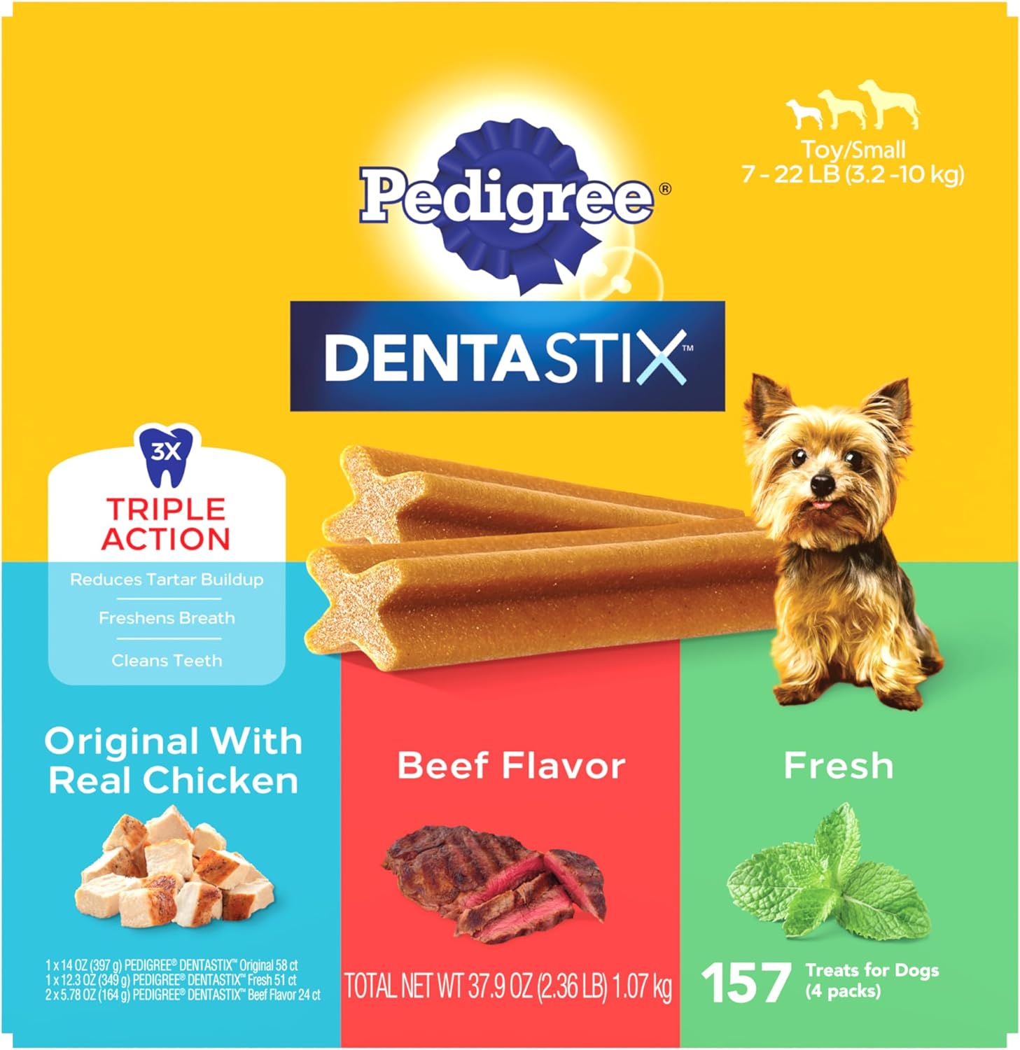 Pedigree Dentastix Toy & Small Breed, Original, Beef Flavor & Fresh Variety Pack, 2.36 lb. Pack (157 Treats)