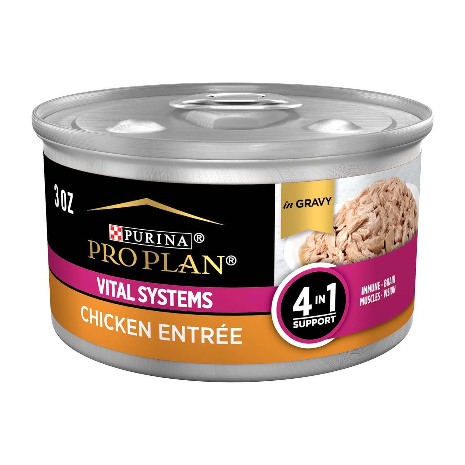 Purina Pro Plan Wet Cat Food Vital Systems Chicken Entree in Wet Cat Food Gravy 4-in-1 Immune, Brain, Muscle and Vision - (Pack of 24) 3 oz. Cans