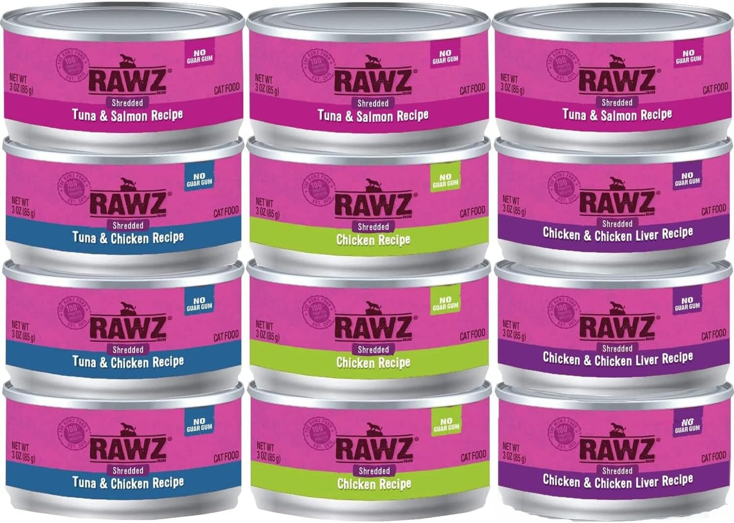 Rawz Natural Premium Canned Cat Wet Food Shredded -12 Pack Cans Variety Pack -4 Flavors - (Tuna & Salmon, Chicken & Liver, Tuna & Chicken, Chicken)- (3oz Cans)