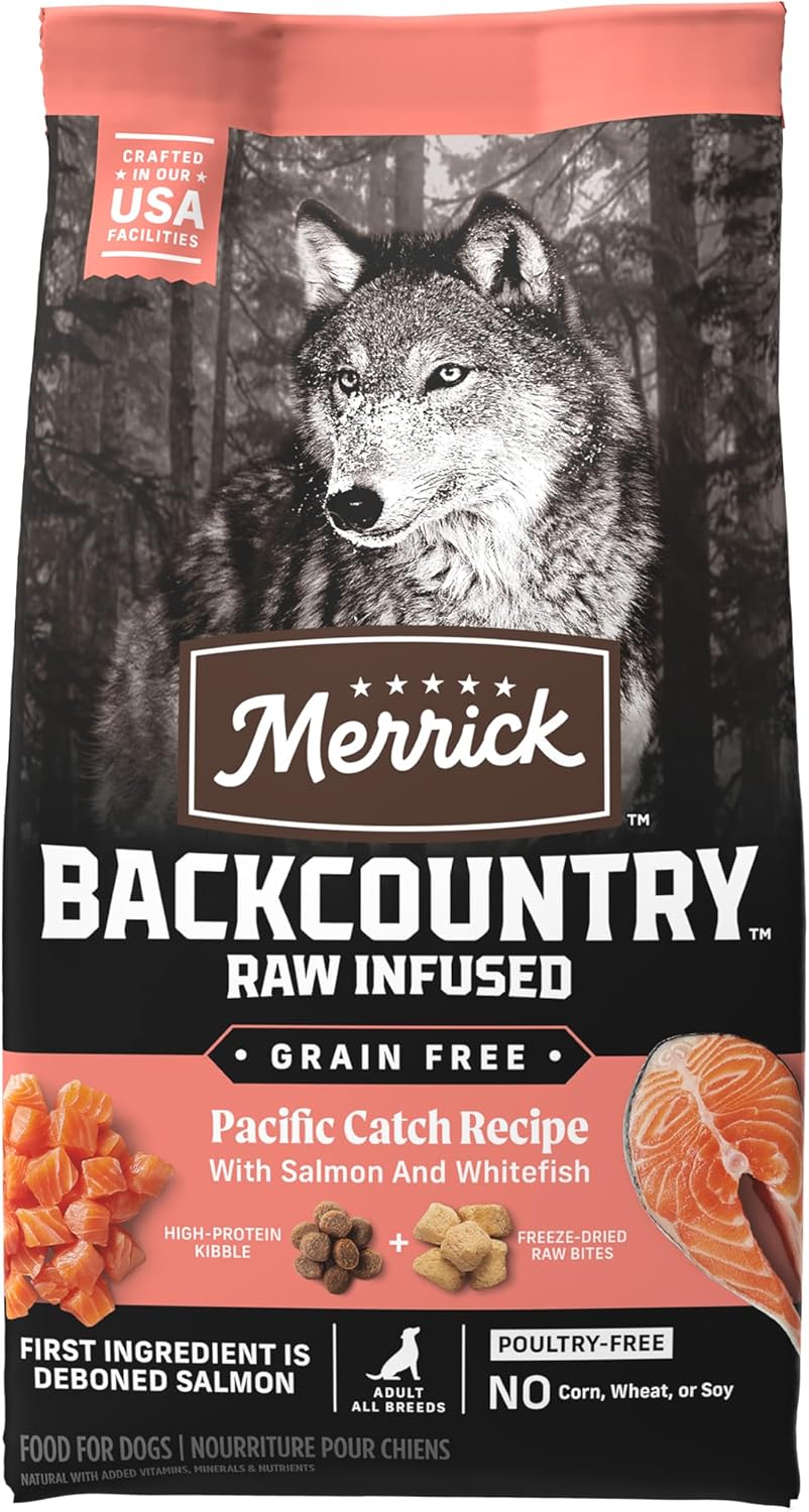 Merrick Backcountry Grain Free Dry Adult Dog Food, Kibble With Freeze Dried Raw Pieces, Pacific Catch With Salmon - 20.0 lb. Bag