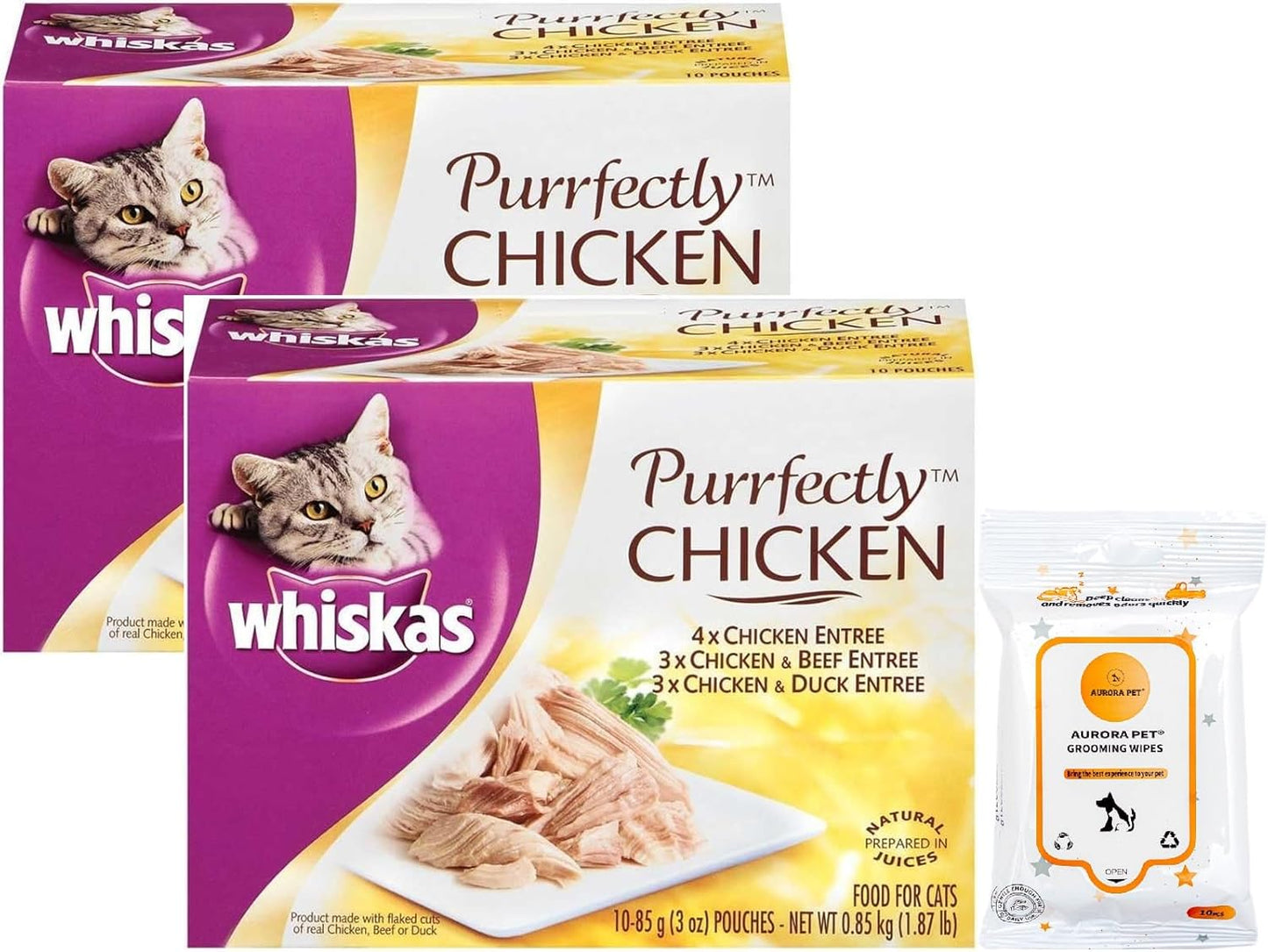 Aurora Pet Bundle (2) Purrfectly Chicken Variety (10-Count) 3 Ounces Wet Cat Food Favorites with AuroraPet Wipes