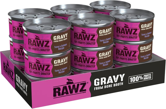 Rawz Natural Premium Minced Canned Cat Food in Gravy from Bone Broth - Made with Real Meat Ingredients No BPA & Gums - (3 Ounce cans) (Pack of 18), Tuna & Salmon