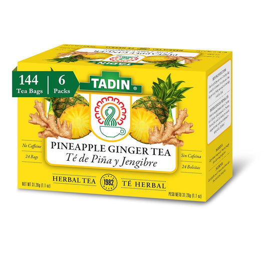 Tadin Pineapple Ginger Tea, Herbal Tea, Caffeine Free Tea, Tea Bags Individually Wrapped, Herbal Tea Bags Best as Hot Tea and Iced Tea, 24 Tea Bags Per Box, Pack of 6