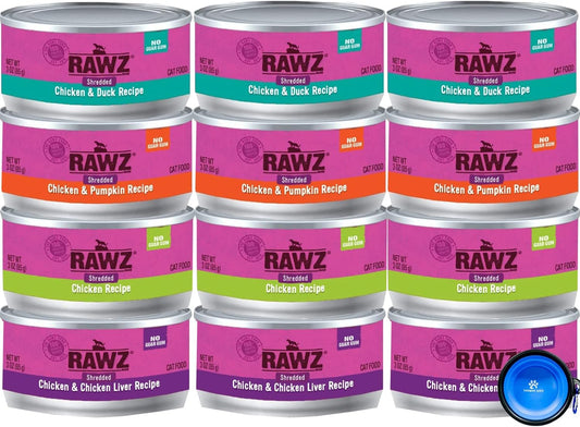 Rawz Natural Premium Canned Cat Wet Food Shredded -12 Pack Chicken Variety - 4 Flavors - (Chicken & Duck, Chicken & Liver, Chicken & Pumpkin, Chicken) Pets Food Bowl - (3oz Cans)