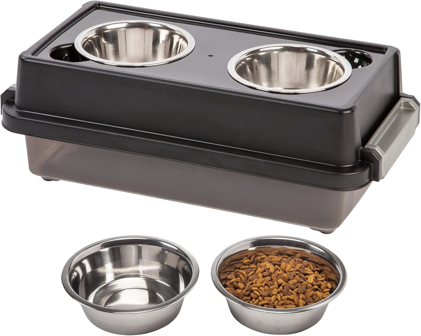 IRIS USA 2-in-1 Elevated Dog Bowls 6" H with Airtight Pet Food Storage Container Holds Up to 5 Lbs, Removable 4 Thick 16 oz Stainless Steel Bowls, at Home or Camping Pet Dish Bowl Set, Smoke\/Black