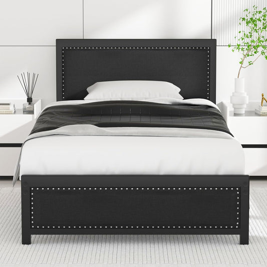 VECELO Twin Bed Frame with Upholstered Linen Headboard and Footboard, Heavy-Duty Platform with Strong Metal Slats, No Box Spring Needed, Easy Assembly, Matte Black