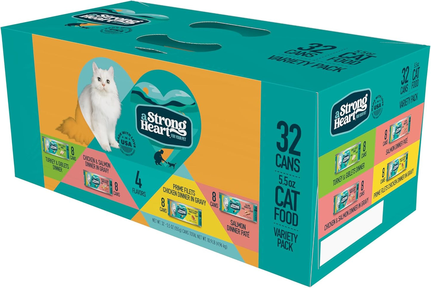 A Strong Heart Canned Wet Cat Food, Dinner Variety Pack - 5.5 oz Cans (Pack of 32), Made in The USA with Real Chicken, Turkey & Salmon