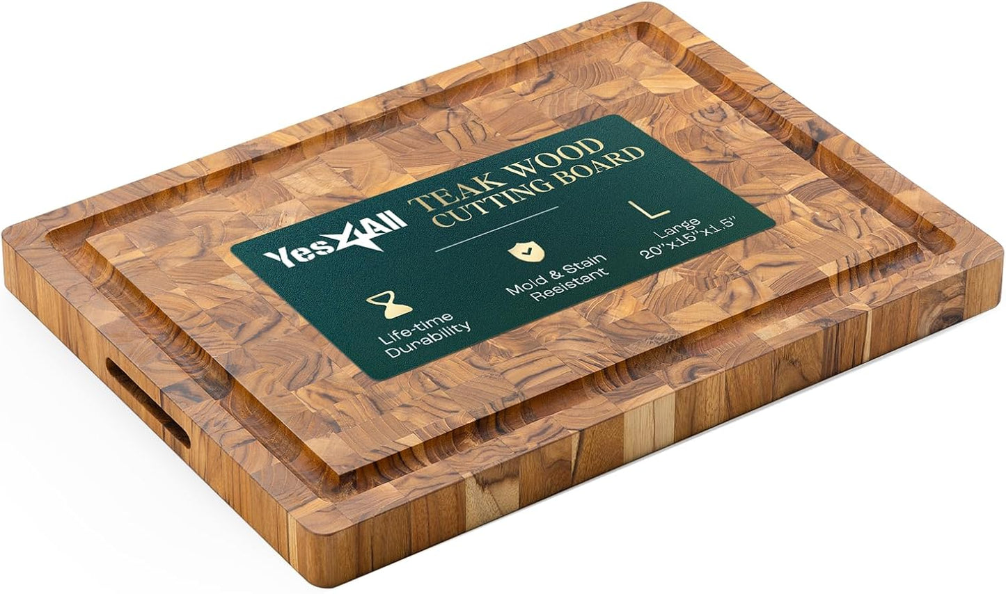 Yes4All Large Teak Cutting Boards for Kitchen, 20"x15"x1.5" End Grain Butcher Block with Food-Friendly Surface, Durable Wood Chopping Board with Juice Grooves and Easy-Grip Handle for Home Prep