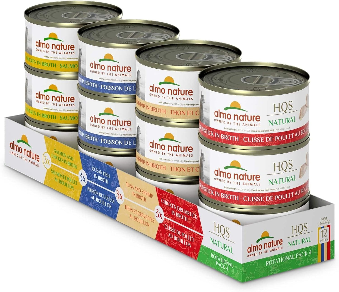 Almo Nature HQS Natural Wet Cat Food Variety Pack 2.47 oz (Pack of 12): (3) Salmon and Chicken, (3) Ocean Fish, (3) Tuna and Shrimp, (3) Chicken Drumstick