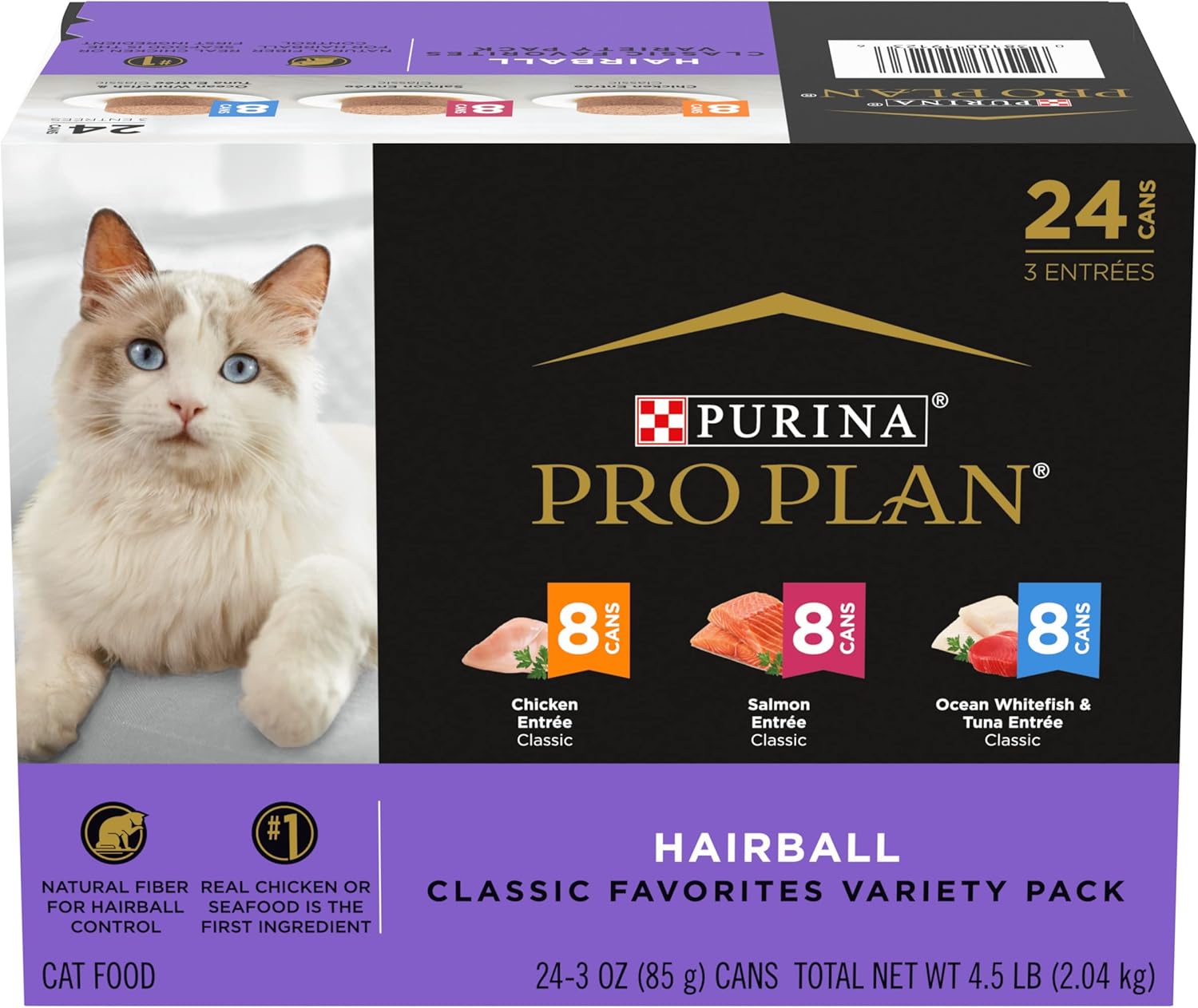 Purina Pro Plan Hairball Control Cat Food, Wet Cat Food Variety Pack, Hairball Control Entrees - (Pack of 24) 3 oz. Cans