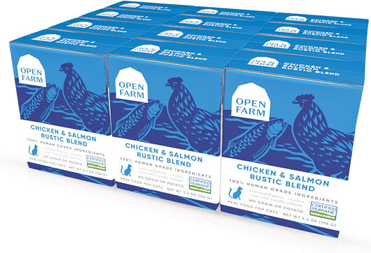 Open Farm Chicken & Salmon Blend Wet Cat Food, Complete Meal or Food Topper with Responsibly Sourced Meat and Superfoods Without Artificial Flavors or Preservatives, 5.5 oz, Pack of 12 Boxes