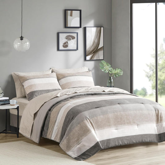 Madison Park Essentials King Comforter Set, Bed in A Bag Comforter & Sheet Set, Modern Casual Stripes Print, All Seasons, Soft Microfiber Bedding Makeover, Matching Shams, King Taupe\/Grey 7 Piece