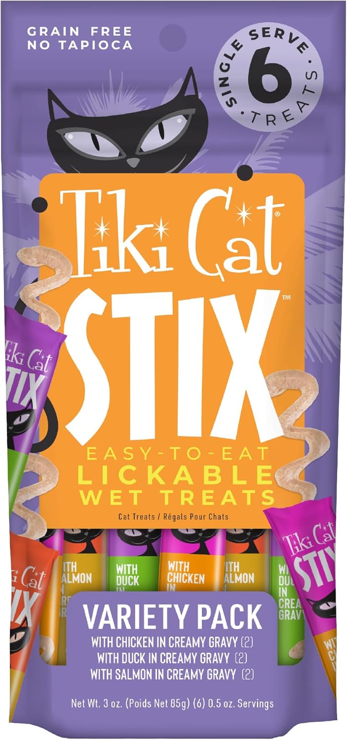 Tiki Cat Stix Mousse Treats, Single Serve Indulgent Lickable Treat or Dry Food Topper, Variety Pack with Salmon, Chicken, and Tuna, 3 oz. Pouch (Pack of 12)