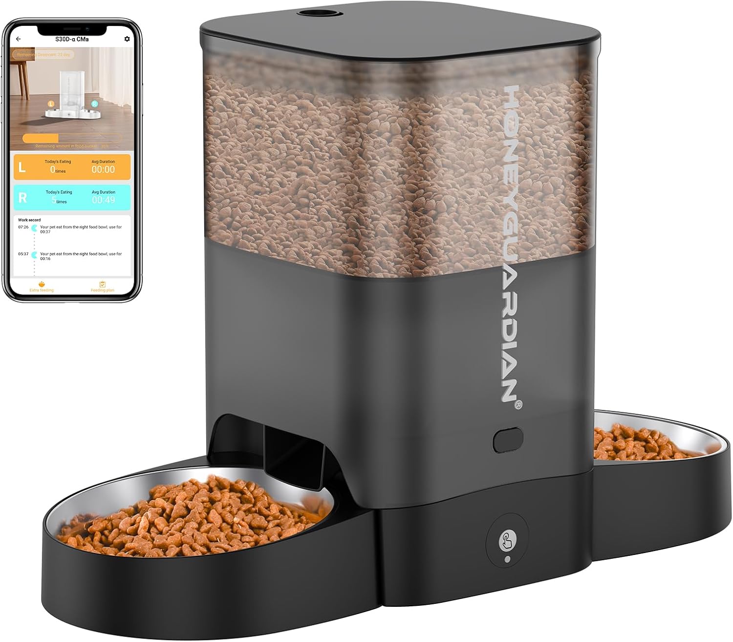 HoneyGuaridan 3.5L Automatic Cat Feeder for Two Cats, 2.4G WiFi Enabled Smart Feed Pet Feeder with Stainless Steel Bowl,APP Control Dispenser, Dual Power Supply,Desiccant Bag,10s Meal Call Black