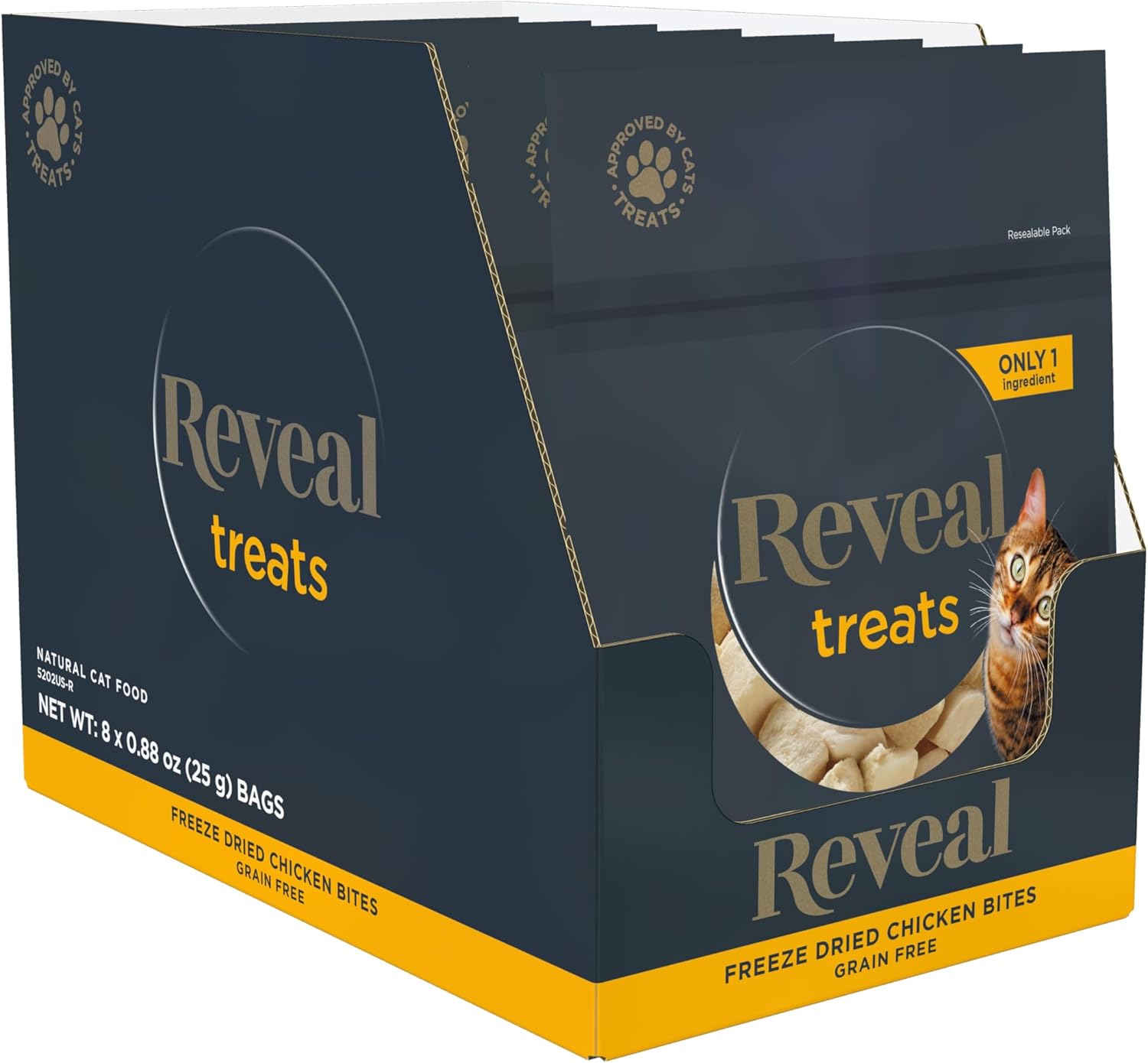 Reveal Natural Cat Treats, 8 Count, Single Ingredient Treats for Cat, Grain Free, Freeze Dried Chicken, 0.88 oz Bags