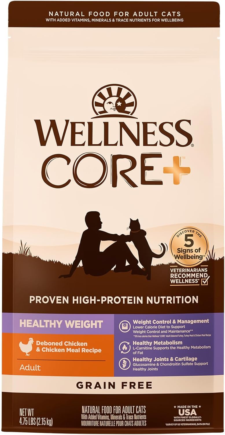 Wellness CORE+ Healthy Weight Grain Free High Protein Adult Dry Cat Food, Chicken and Chicken Meal Recipe, 4.75 Pound Bag