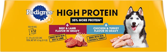 PEDIGREE High Protein Adult Canned Wet Dog Food Variety Pack, Chicken & Turkey Flavor in Gravy and Beef & Lamb Flavor in Gravy,13.2 Oz Cans (Pack of 12)