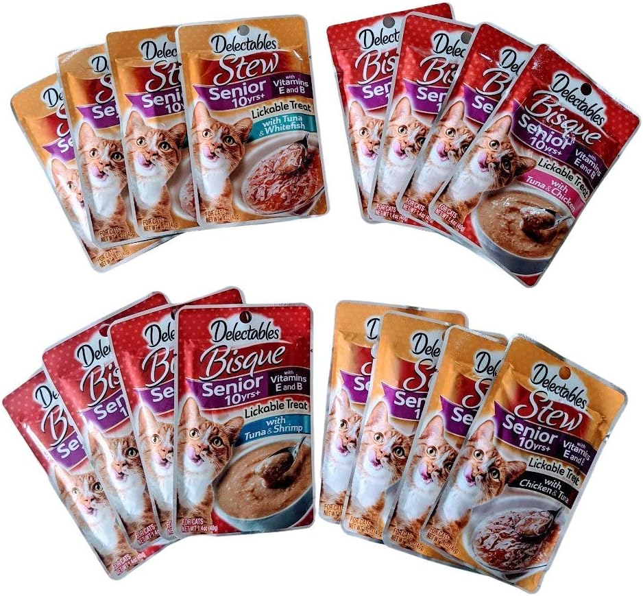 Delectables Senior 10+ Lickable Treats Variety Bundle Pack of 16: (4) Bisque Tuna & Shrimp, (4) Bisque Tuna & Chicken, (4) Stew Chicken & Tuna, (4) Stew Tuna & Whitefish. 1.4 oz Each.