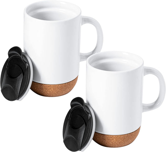 Gibson Home Modani 2 Pack Large 16.5 OZ Ceramic Mugs Set with Removable Cork Bottom and Lid - White