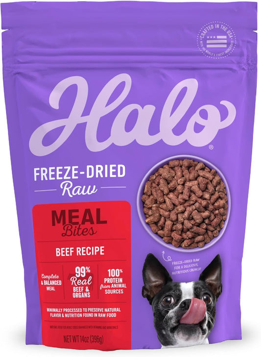 Halo Meal Bites Freeze Dried Raw Dog Food, Beef Recipe, Real Meat Dog Food Bag, Adult Recipe, 14-OZ Bag