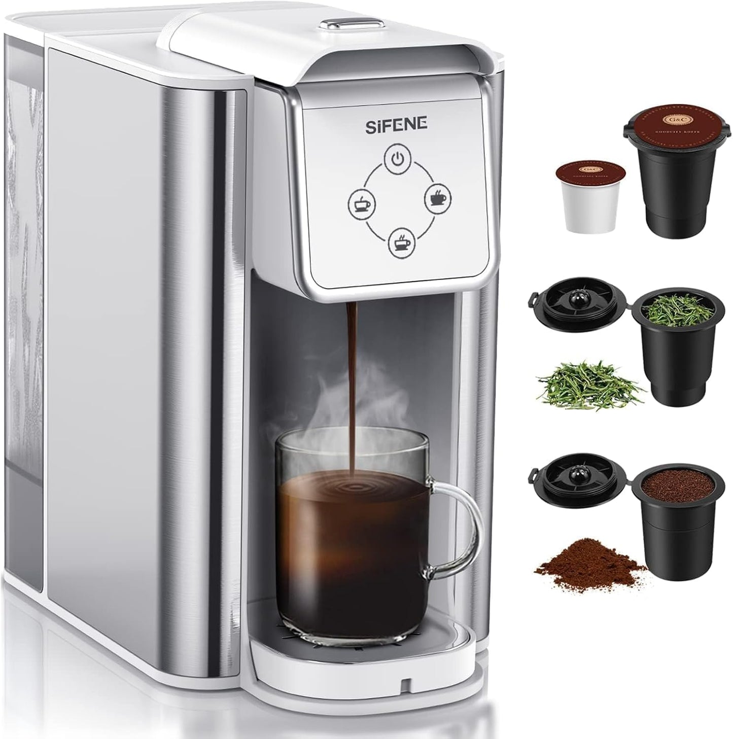 SIFENE Single Serve Coffee Machine, 3 in 1 Pod Coffee Maker For K-Pod Capsule, Ground Coffee Brewer, Leaf Tea Maker, 6 to 10 Ounce Cup, Removable 50 Oz Water Reservoir, White