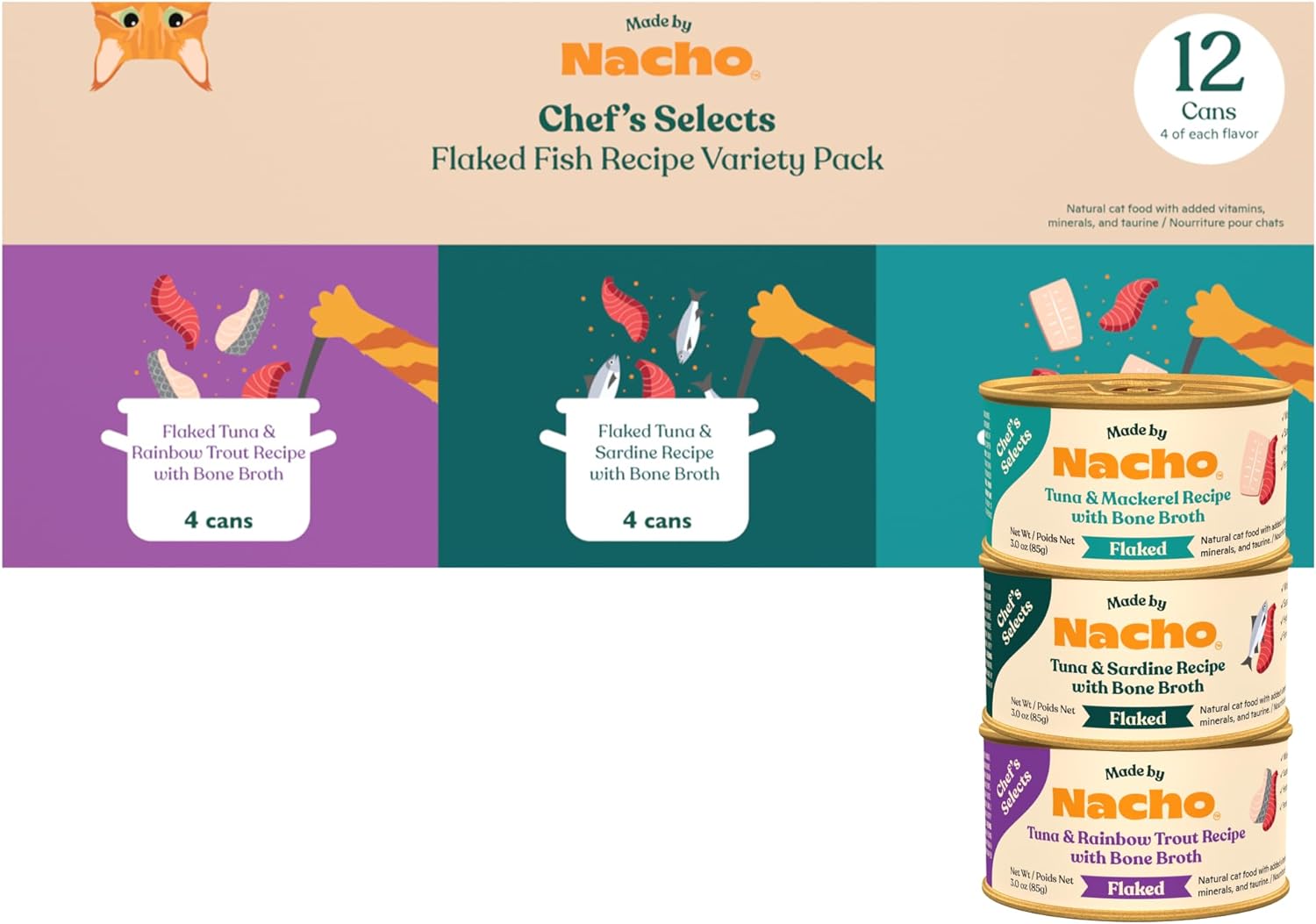 Made by Nacho Chef's Selects Adult Wet Cat Food Flaked Fish Recipe Variety Pack 12 Pack (3 oz)