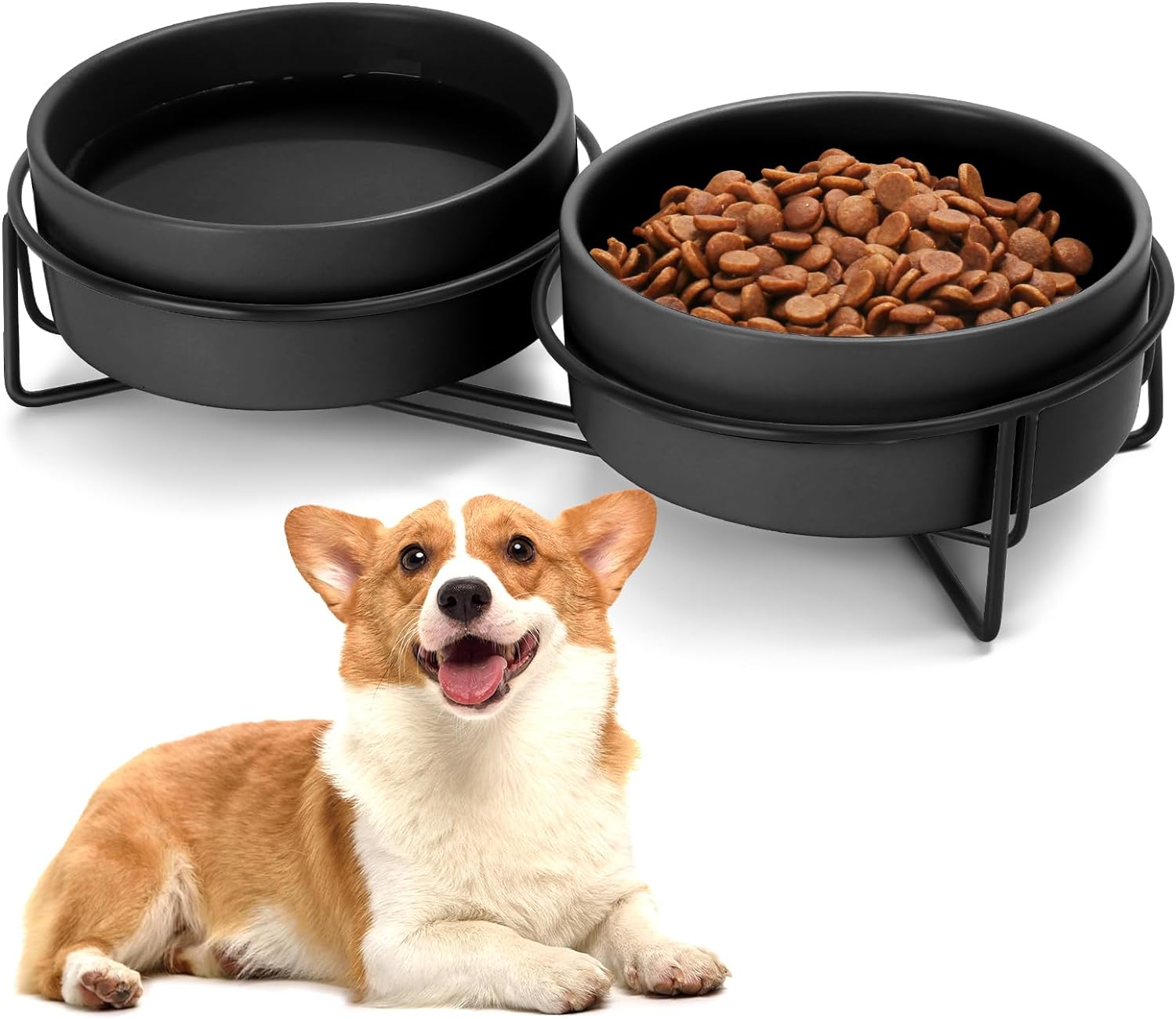 Ceramic Dog and Cat Bowl Set with Stand, 1.7 Cups Dog Food and Water Bowl Suitable for Small and Medium Pets (13.5oz Black)