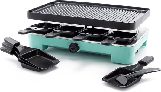 GreenLife Raclette Indoor Tabletop Grill, Healthy Ceramic Nonstick, 2-in-1 Grill and Griddle, 8 Square Nonstick Pans, Adjustable Temperature Control, Easy Indicator Light, PFAS-Free, Turquoise