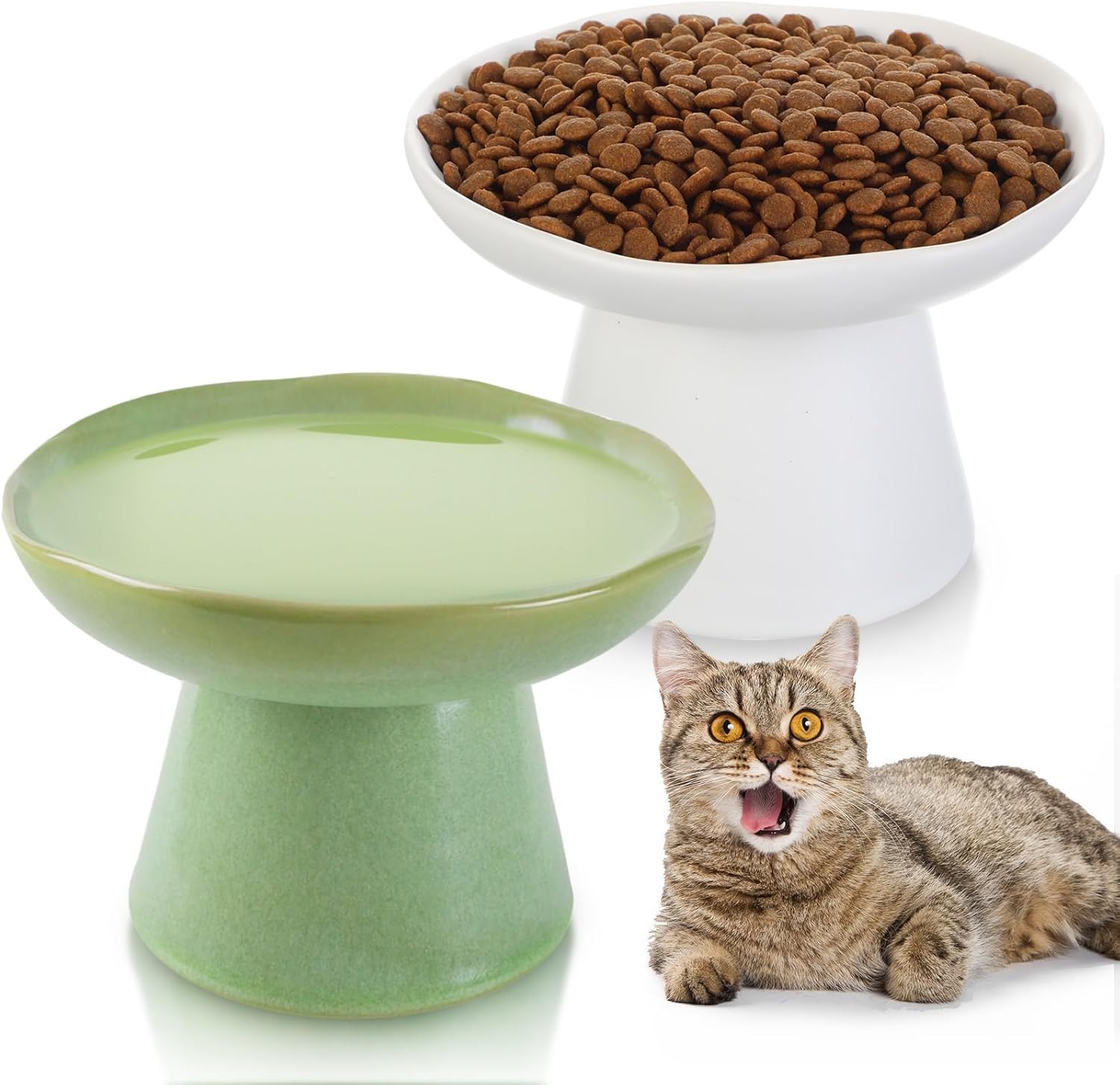 2 Pack Raised Cat Bowls 6.1" Extra Wide Ceramic Elevated Cat Food Bowls Shallow Anti Vomit Alleviate Whisker Fatigue Cat Food Dish for Elder Big Cats, Small Dogs, White & Green