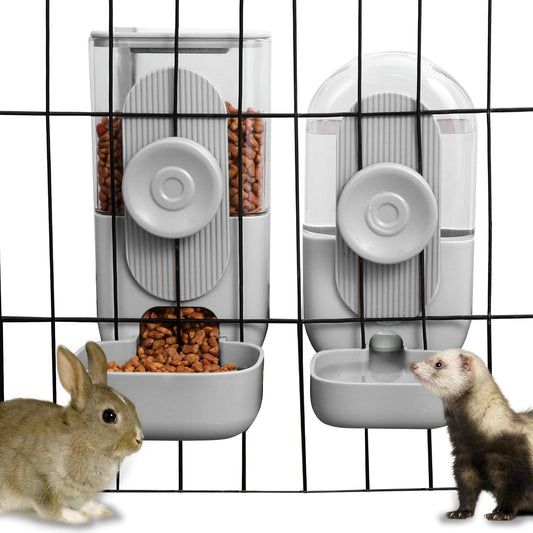 Lemtrflo Hanging Automatic Rabbit Feeder for Cage,Dog Cat Food and Water Dispenser,Ferret Food Dispenser,Rabbit Water Bottle Guinea Pig Food Bowl Set,Gravity Feeder for Cats Dogs (Gray)