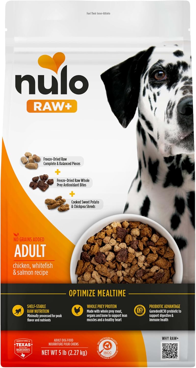 Nulo Freeze-Dried Raw+ Adult Dog Food, Chicken, Whitefish and Salmon, 5 lb