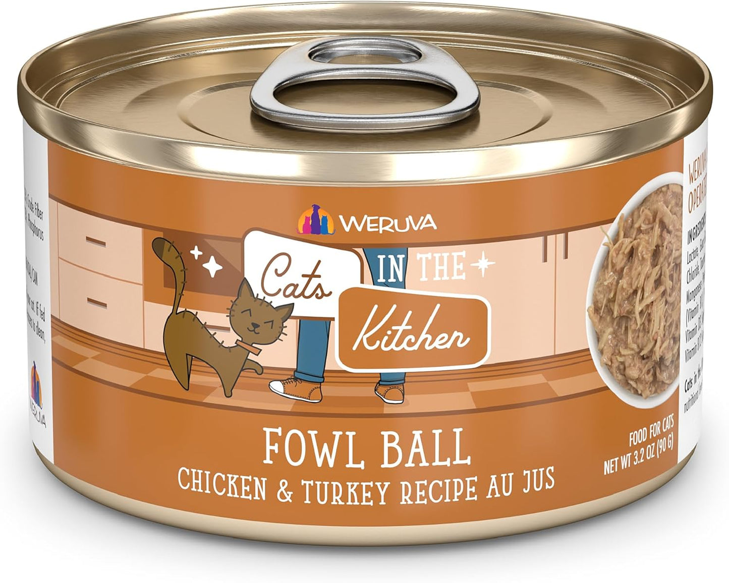 Weruva Cats in The Kitchen, Fowl Ball with Chicken & Turkey Au Jus Cat Food, 3.2oz Can (Pack of 24)