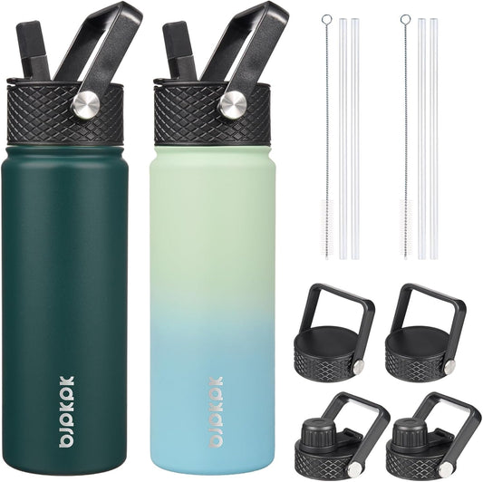 BJPKPK 2 Pack Insulated Water Bottles with Straw Lids, 22oz Stainless Steel Metal Water Bottle with 6 Lids, Leak Proof BPA Free Thermos, Cups, Flasks for Travel, Sports (Army Green+Mint)